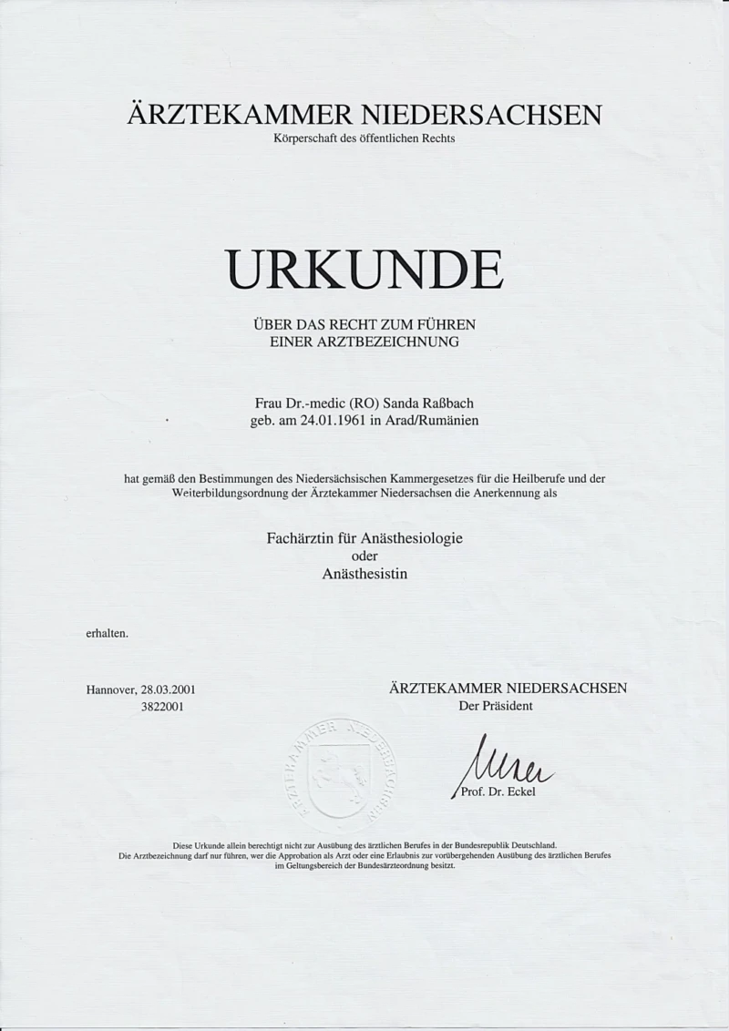 1. Fachärztin Anästhesie 28.03.2001